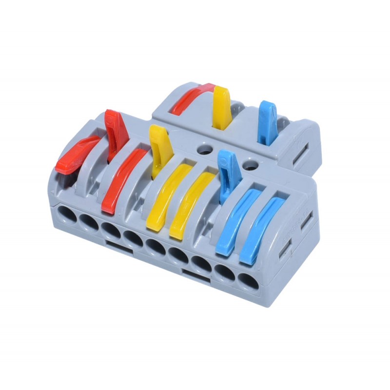 Conector electric rapid cu manete partial ridicate, orificii de intrare cablu vizibile pe partea inferioara