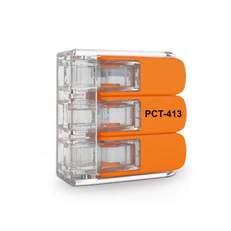 Conector rapid 3 poli cu levier portocaliu, carcasa transparenta, 32A 450V, compatibil fire 0,14-4 mm²