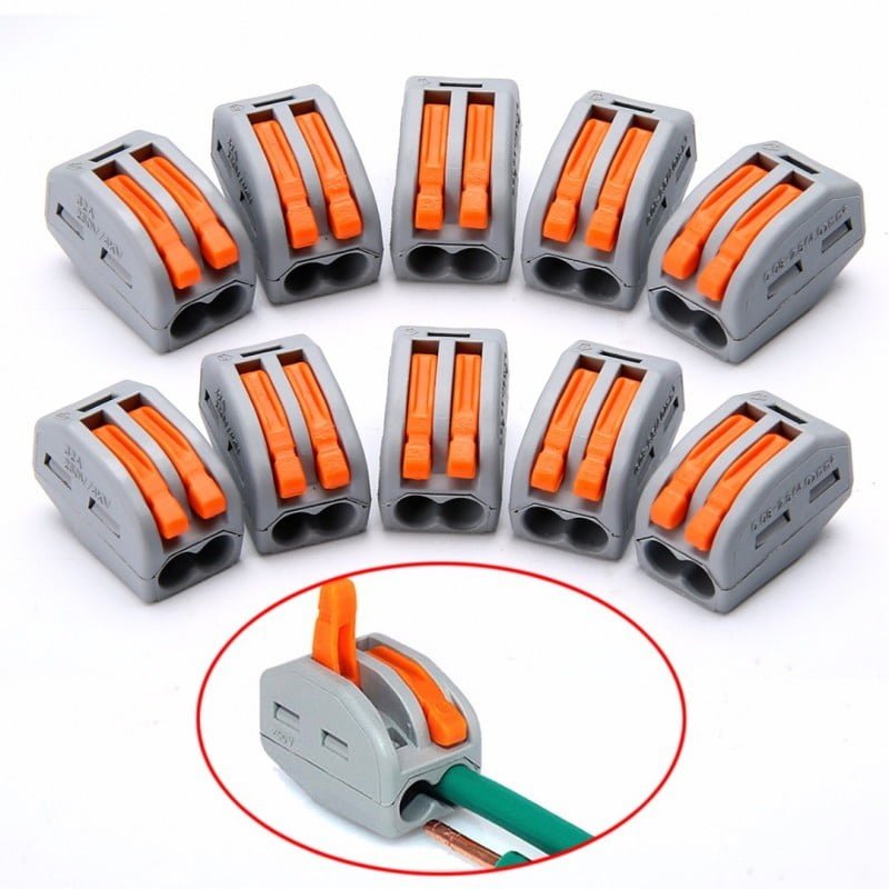 Set conectori rapizi 2 poli 32A 250V cu demonstratie conectare cablu prin sistem CAGE CLAMP
