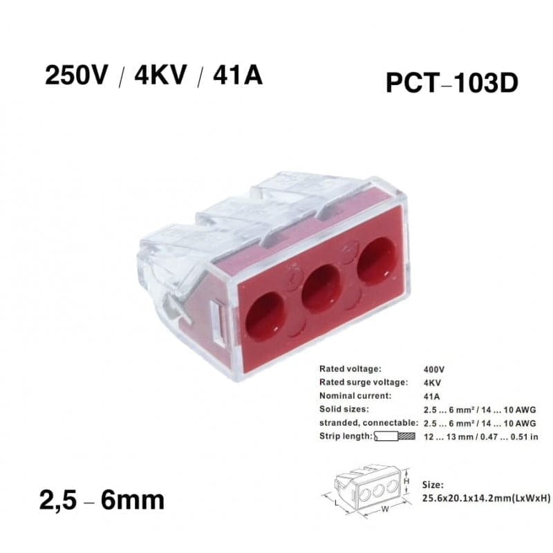 Conector rapid 3 poli cu specificatii tehnice: 250V, 41A, fire 2.5-6mm