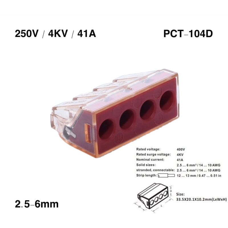 Conector rapid 4 poli 41A 250V, dimensiuni 33.5x20.1x10.2mm, vedere laterala cu specificatii tehnice