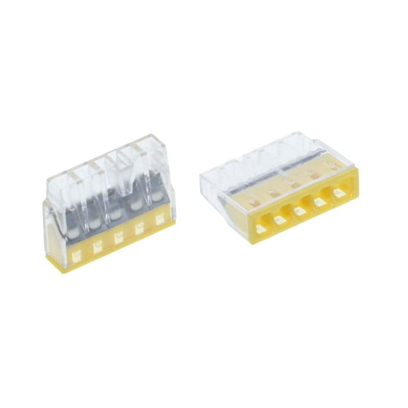 Conector doza 5 poli cu capac transparent, vedere laterala si frontala, prindere rapida prin impingere