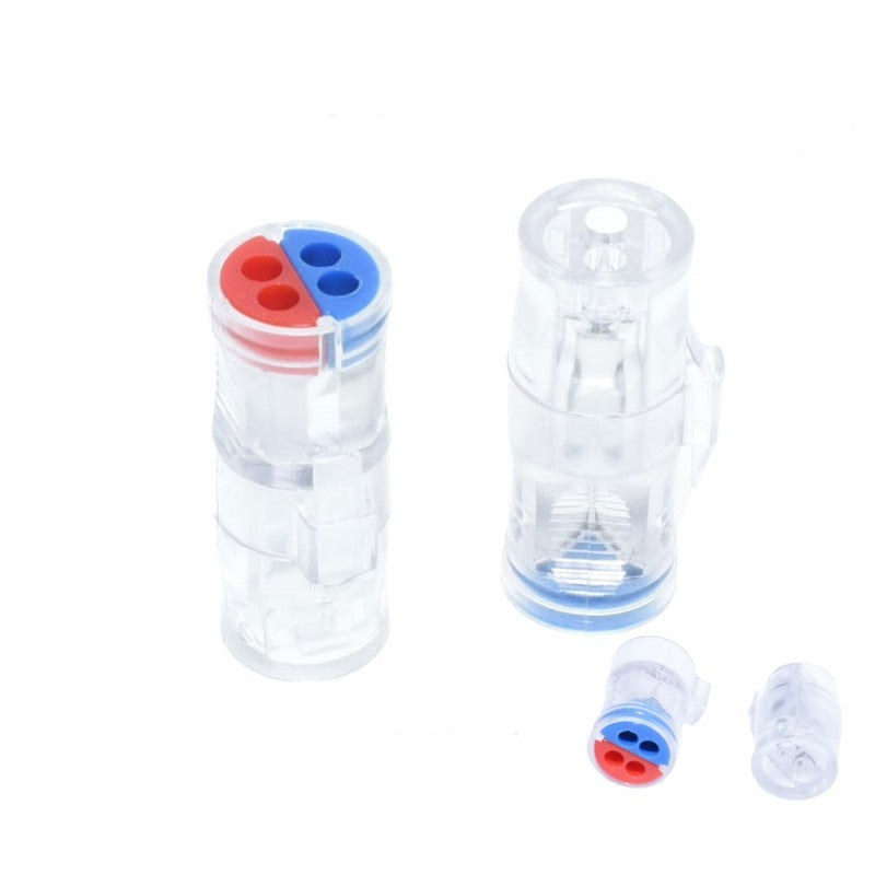 Conector doza Fast Press transparent, AWG 28-14, cu codificare color rosu-albastru, set complet asamblat si dezasamblat