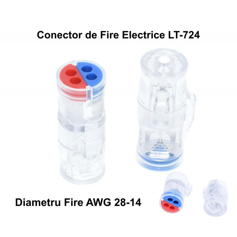 Conector doza pentru fire electrice AWG 28-14, carcasa transparenta, vedere ansamblu cu eticheta specificatii