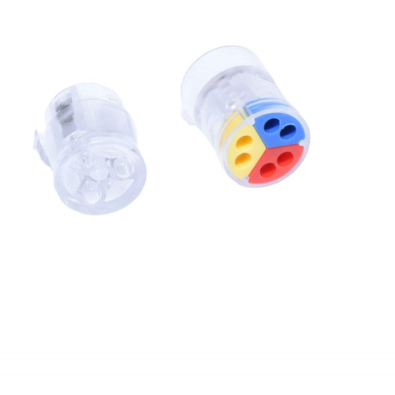Conector rapid pentru fire electrice, vedere frontala cu orificii colorate albastru rosu galben