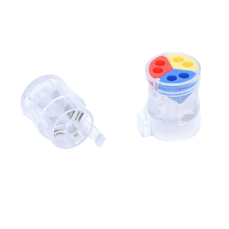 Conector doza push-in demontat, contact metalic intern vizibil si modul colorat cu 3 poli