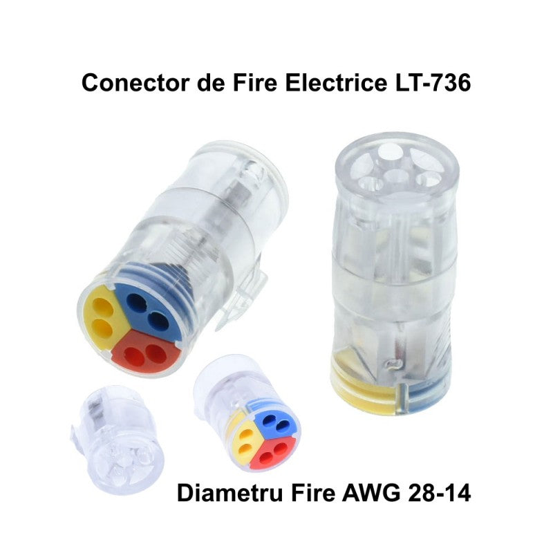Conector electric rapid tip push-in, diametru fire AWG 28-14, carcasa transparenta cu module colorate