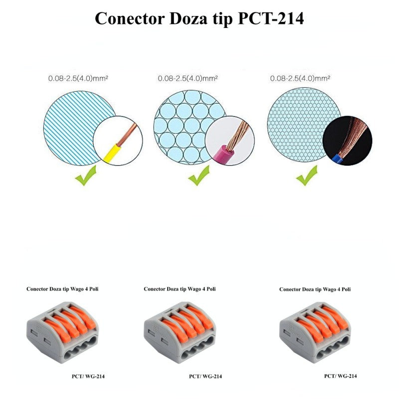 Conector doza 4 poli compatibil cu fire solide si multifilare 0.08-2.5 mm²