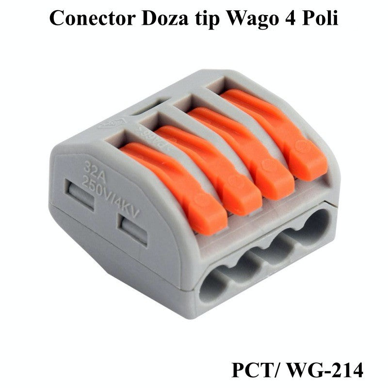 Conector doza 4 poli cu manete portocalii, 32A 400V, vedere frontala pe fond alb