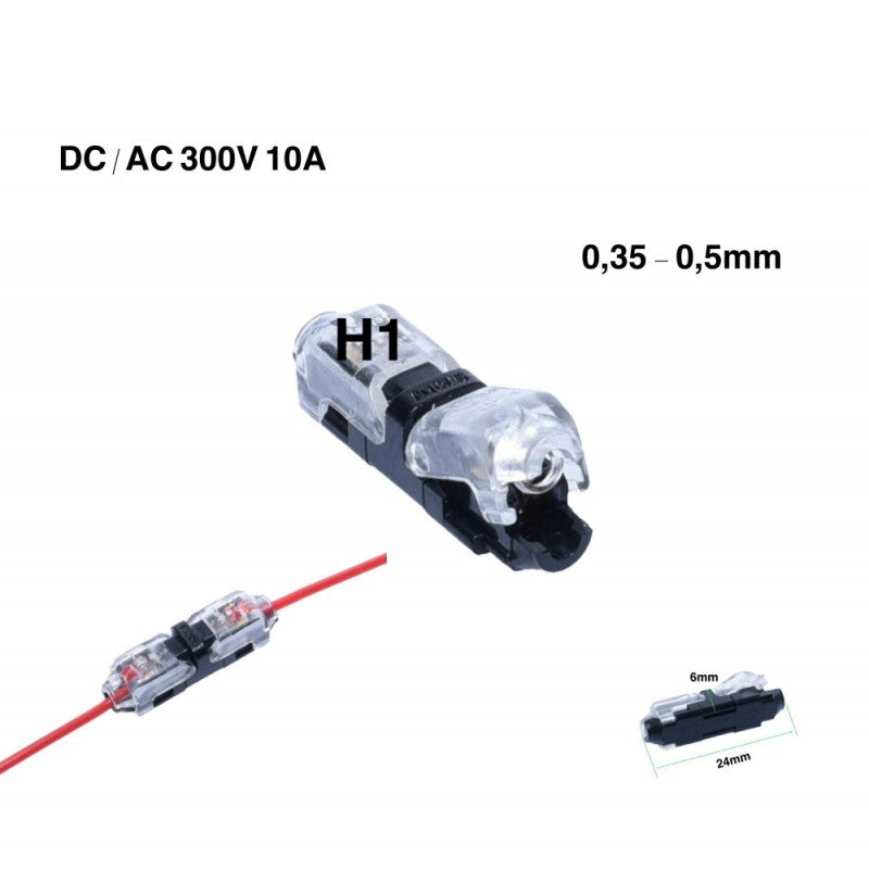 Conector cablu H1 cu specificatii DC/AC 300V 10A si fire compatibile 0,35-0,5mm, vedere multipla cu dimensiuni