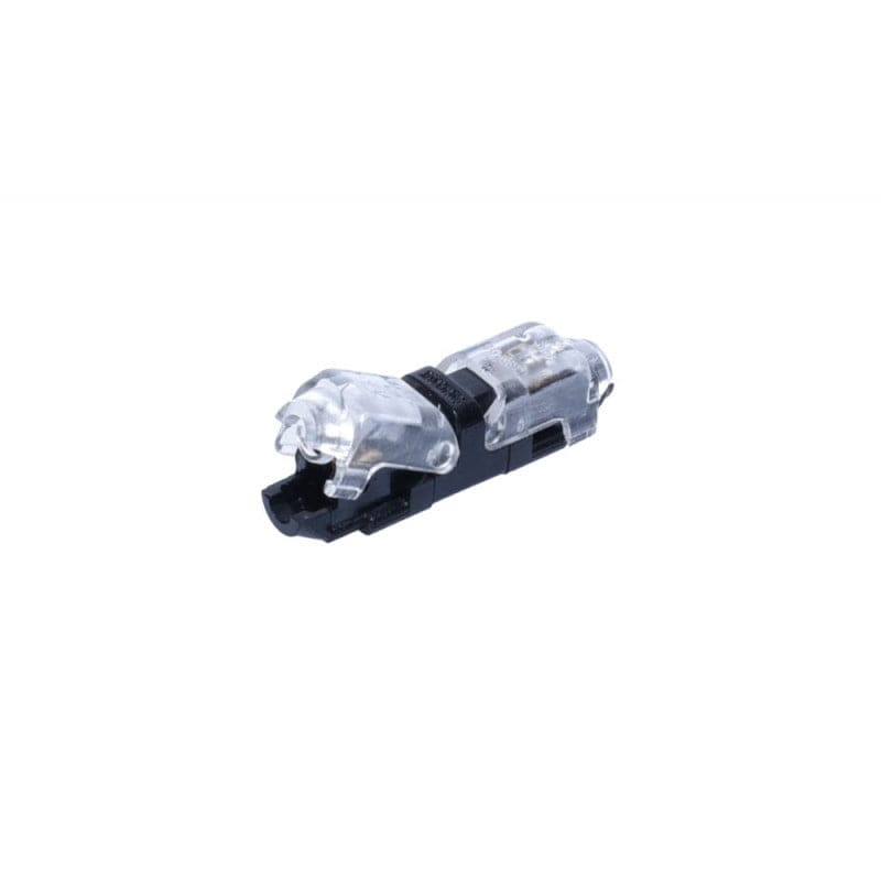 Conector cablu H1 cu blocare mecanica, vedere laterala cu carcasa transparenta si corp negru compact