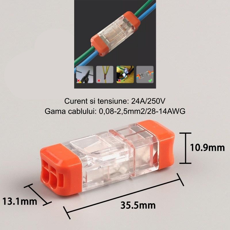 Conector push-in 250V 24A cu dimensiuni 35.5x13.1x10.9mm, compatibil cablu 0.08-2.5mm2