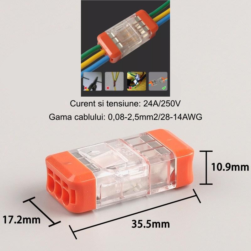 Conector imbinare cablu cu dimensiuni 35,5x17,2x10,9mm si specificatii 24A/250V, mod de utilizare corect