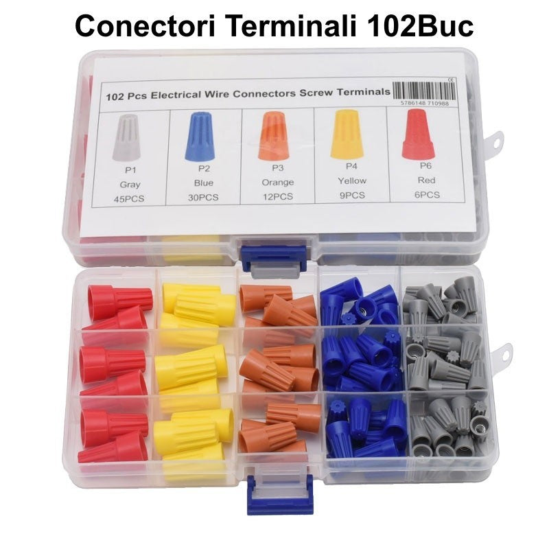 Conectori terminali prin infiletare, set 102 bucati deschis, compartimentati pe culori gri, albastru, portocaliu, galben, rosu