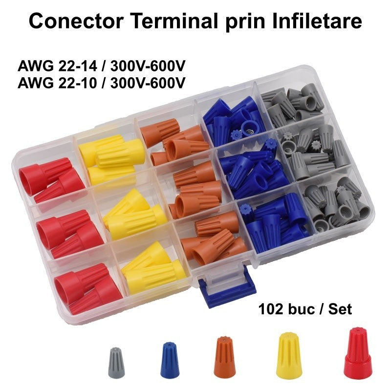 Set 102 conectori terminali prin infiletare AWG 22-14, 300V-600V, 5 dimensiuni codificate color in cutie transparenta