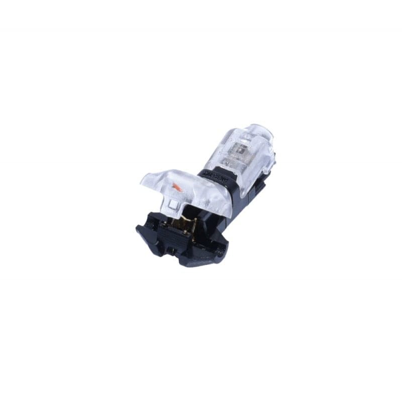 Conector cablu tip T deschis, carcasa transparenta si contacte cupru vizibile, fara fire