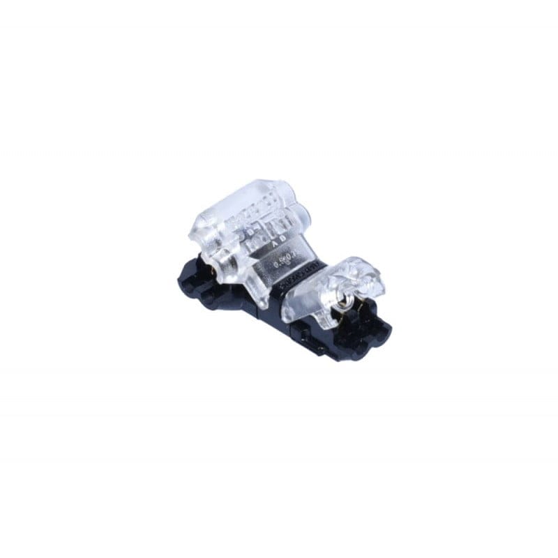 Conector T2 cu capac transparent si corp negru, detaliu constructie inchisa