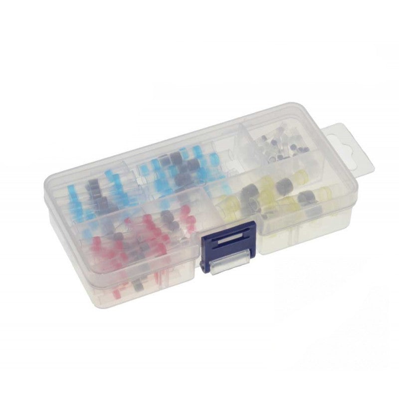 Set 100 conectori termocontractibili cu inel de cositor, etansi IP67, compatibili fire 0,25-6mm, in cutie organizator