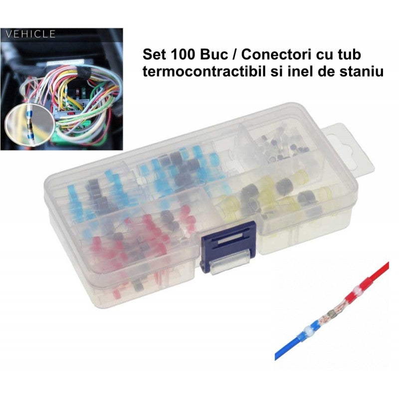 Conectori cu tub termocontractibil si inel de cositor, set 100 buc, aplicatie instalatie electrica auto