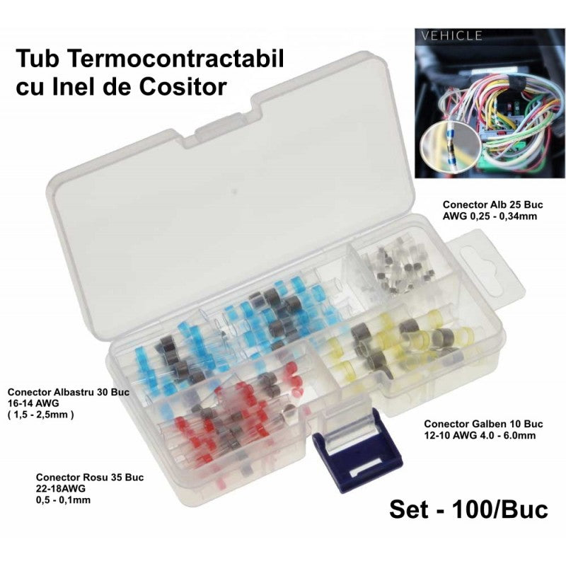 Conectori termocontractibili cu cositor, 4 dimensiuni AWG 10-26, rosu albastru galben alb, set 100 bucati