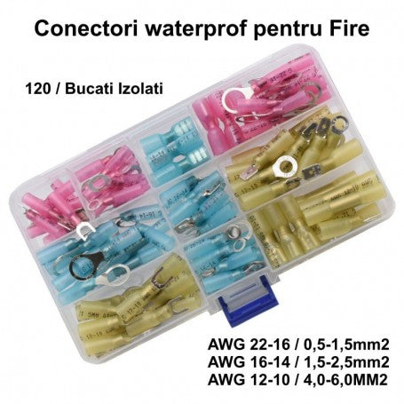 Set 120 conectori waterproof termocontractabili IP67, AWG 22-16 / 16-14 / 12-10, roz albastru galben, cutie organizatoare