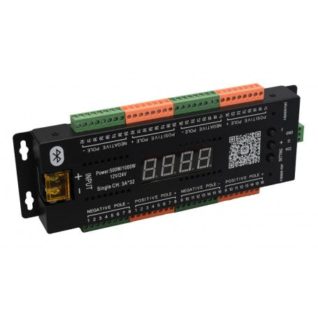 Controler LED scara 32 canale, 500W/12V, vedere laterala cu borne de conectare colorate
