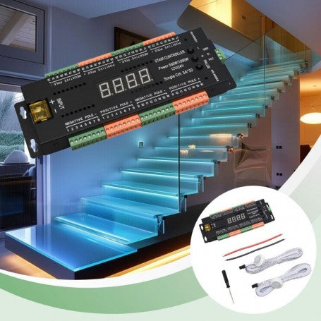 Controler LED 32 canale pentru scara interioara, 12V/24V, 500W/1000W, cu senzori PIR si efect flow motion