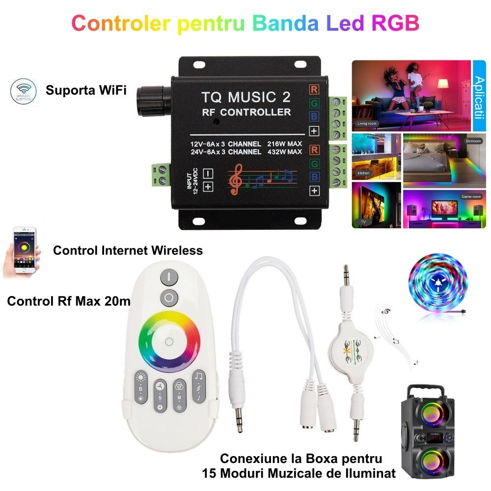 Controller banda LED RGB RF Wifi 432W 24V cu telecomanda touch, control wireless si 15 moduri muzicale