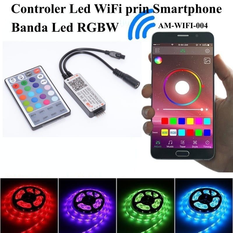 Controller WiFi RGBW cu telecomanda si control prin smartphone, compatibil banda LED 5-24V