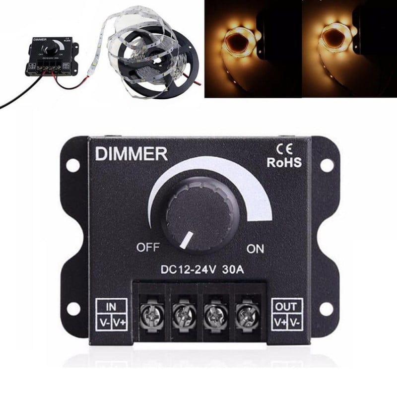 Dimmer LED 12-24V 30A prezentat alaturi de banda LED warm white cu demonstratie reglaj intensitate