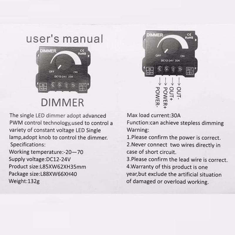 Manual de utilizare dimmer LED DC 12-24V 30A cu schema de conectare si specificatii tehnice