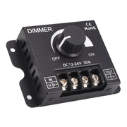 Dimmer manual LED DC 12-24V 30A, carcasa metalica neagra cu buton rotativ si borne cu surub