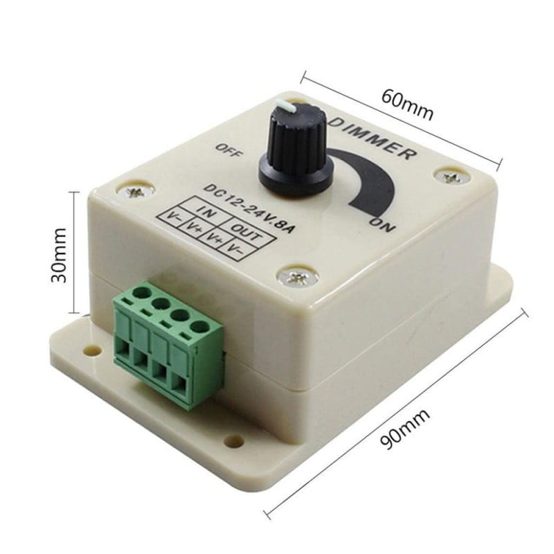 Dimmer LED monocrom 12V-24V 8A cu dimensiuni 90x60x30mm indicate