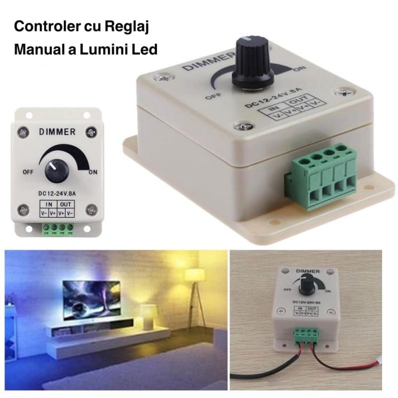 Controler dimmer LED 12V-24V cu reglaj manual, montat pe perete si conectat la banda LED