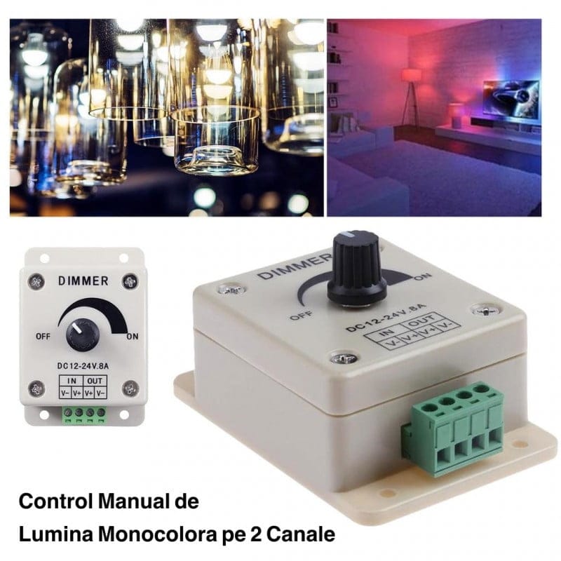 Dimmer LED monocrom 8A, doua canale de iesire, prezentat cu exemple de iluminat ambiental