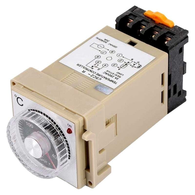 Controler temperatura analog cu soclu, vedere laterala, conexiuni 3A 250VAC si schema de cablare vizibila