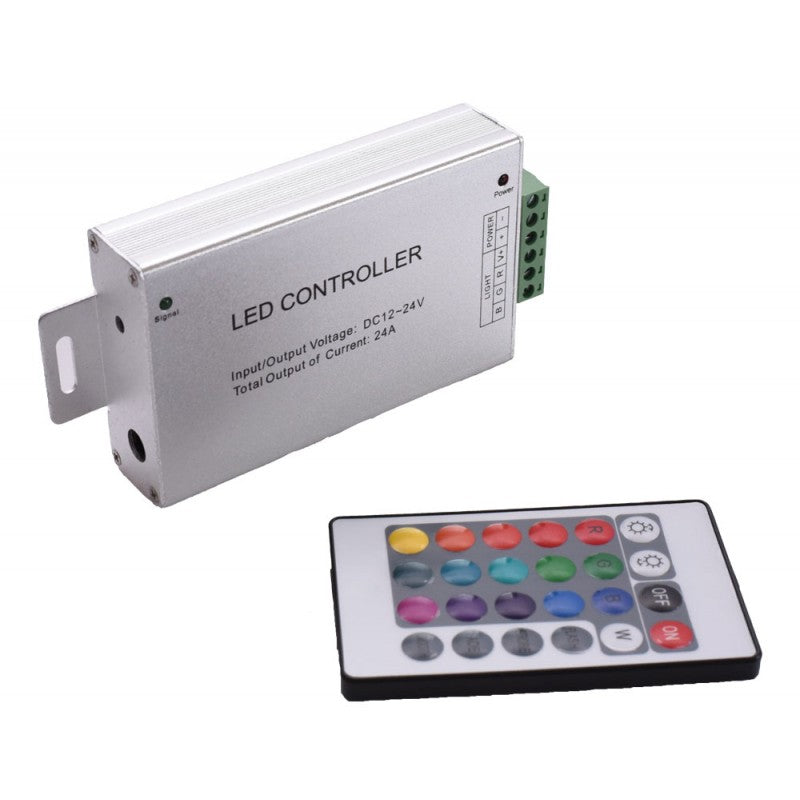 Controller RGB 24A cu telecomanda IR 24 taste, vedere laterala cu mufa alimentare DC