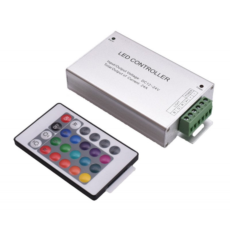 Controller RGB 12-24V 24A carcasa aluminiu cu telecomanda 24 taste pentru benzi LED multicolore
