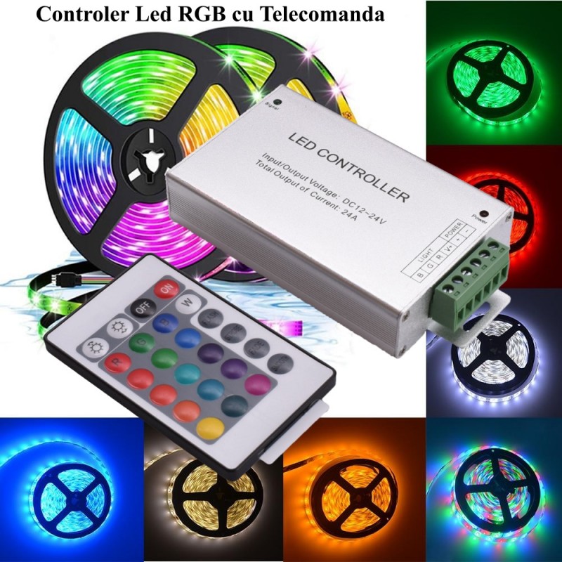 Controller RGB 12-24V cu telecomanda, compatibil benzi LED multicolore in diverse culori