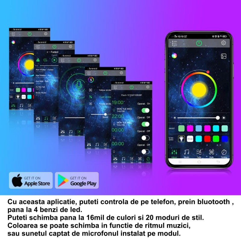 Controller RGB banda LED cu control prin aplicatie mobila Bluetooth, 16000 culori si sincronizare muzica