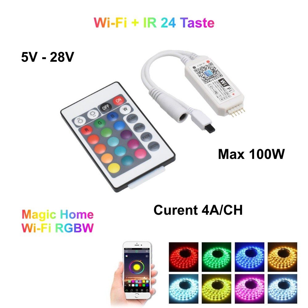 Controller WiFi RGBW 5V-28V, max 100W, curent 4A per canal, compatibil benzi LED multicolor cu control din aplicatie