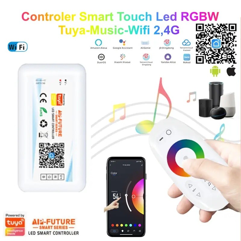 Controller RGBW WiFi Tuya cu mod muzica, control vocal si aplicatie smartphone