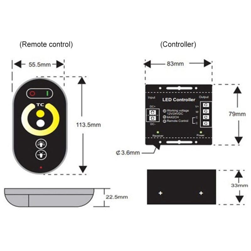 Dimensiuni controller LED dimmer si telecomanda touch RF: receptor 83x79mm, telecomanda 55.5x113.5mm