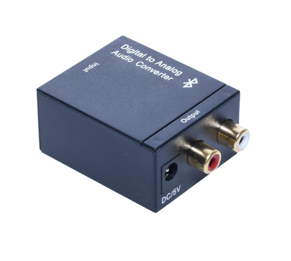Convertor digital-analog compact, vedere laterala cu iesiri RCA stereo alb-rosu si port DC 5V
