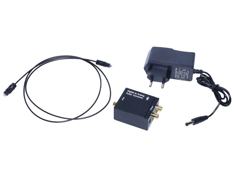Convertor digital-analog cu accesorii incluse: cablu optic Toslink si sursa de alimentare 5V