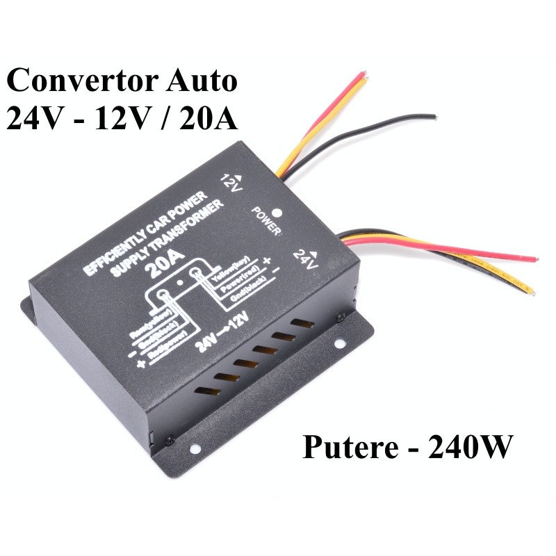 Convertor auto 24V-12V 20A, 240W putere continua, vedere laterala cu fire de intrare si iesire