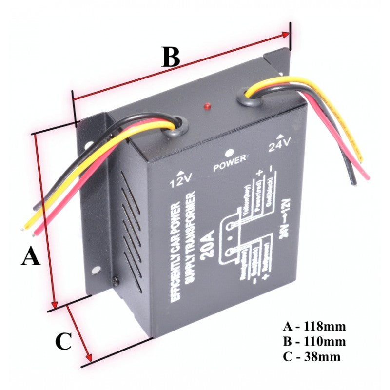 Convertor auto 24V-12V cu dimensiuni: 118x110x38mm, 20A, vedere frontala cu fire colorate