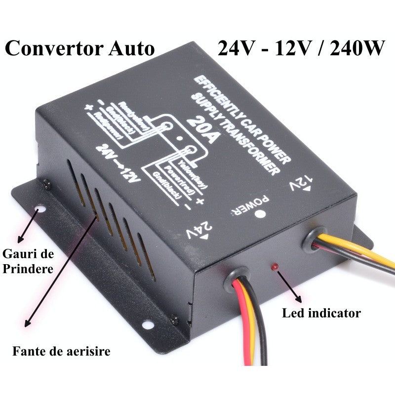 Convertor tensiune auto 20A cu LED indicator, fante de aerisire si gauri de prindere evidentiate