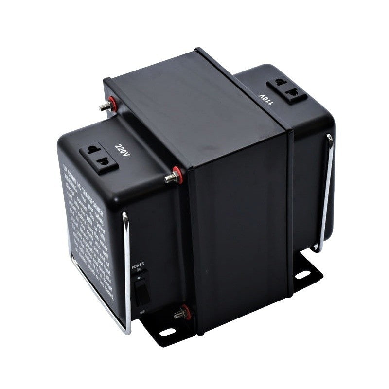 Transformator de tensiune 2000W vazut din lateral, prize separate 220V si 110V, intrerupator de pornire