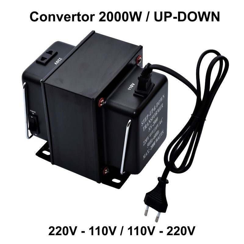 Convertor tensiune bidirectional 2000W, 220V-110V si 110V-220V, carcasa metalica neagra cu cablu de alimentare